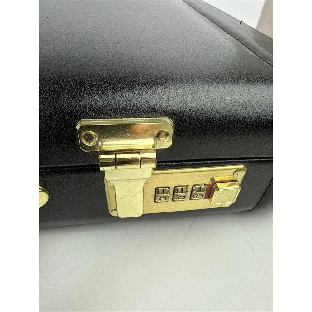 Vintage Black Leather Briefcase Hard Case Brass Dual Combination Locks New